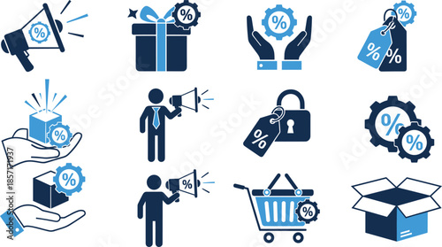 Professional marketing and sales promotion icon set featuring megaphone discount tags gift boxes and shopping cart icons for e-commerce business growth.