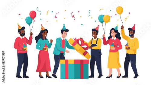 Happy Birthday Celebration with Diverse People Opening Gift Box and Confetti