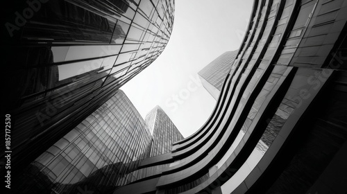 Modern Skyscraper Architecture Abstract Futuristic Curves in Cityscape.