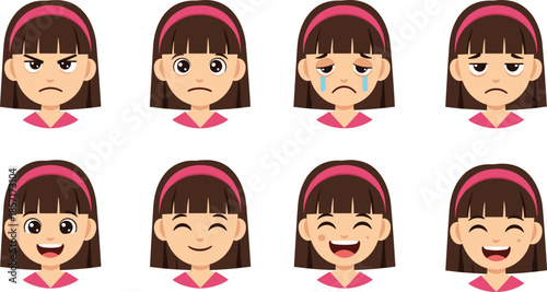 Cartoon girl facial expressions, emotional character illustration, vector art set, happy, sad, angry, crying, laughing, smiling, cute emotions collection
