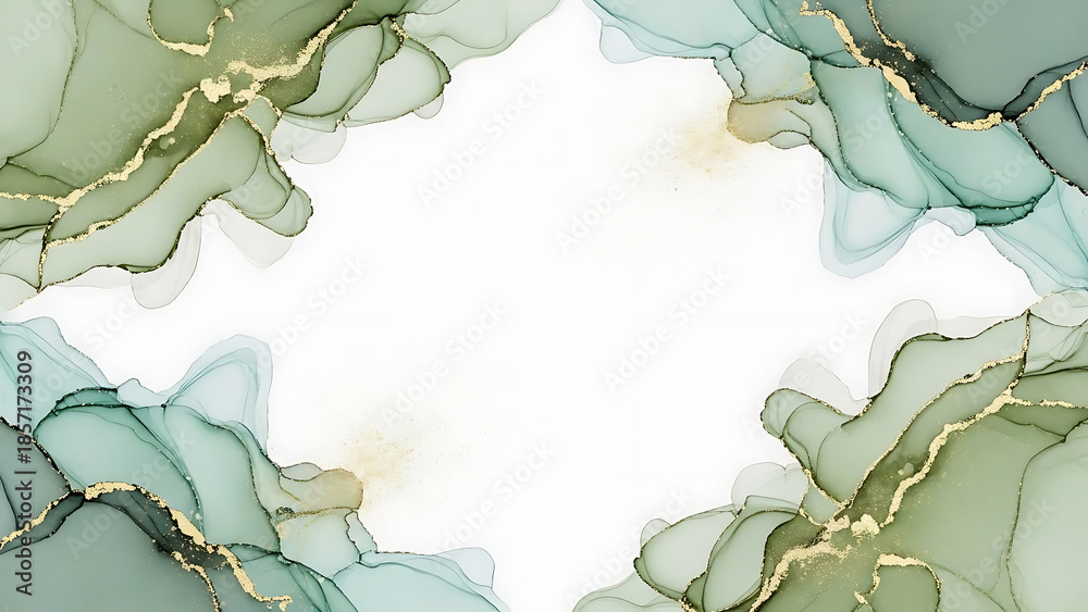Fototapeta premium alcohol ink background of fluid green teal gold patterns providing white copy space ideal for luxury branding and elegant concepts.