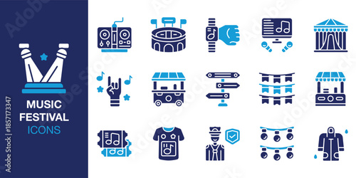 Music Festival Icon set. Containing audience, dance, party, event, ticket, sound and more. Solid vector icons collection. Vector illustration.