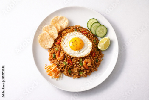 Konstfotografi Indonesian Nasi Goreng fried rice with shrimp, fried egg, cucumber, lime, and krupuk on a white plate