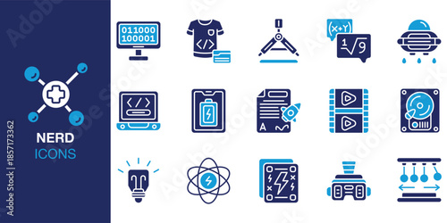 Nerd Icon set. Containing programmer, science, math, physics, technology and more. Solid vector icons collection. Vector illustration.