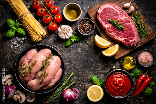 Overhead view of various raw food ingredients including steak, sausages, pasta, tomatoes, and spices on a dark background.