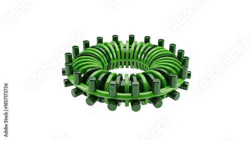 Green toroidal coil with pegs on transparent background