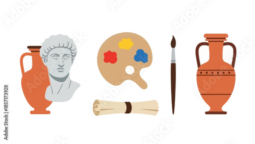Ancient Greek Art and Culture Icons: Bust, Vases, Palette, Brush, Scroll