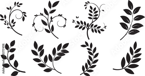 Collection of black leaf silhouettes on white background