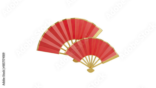 Two red folding fans with gold trim on transparent background