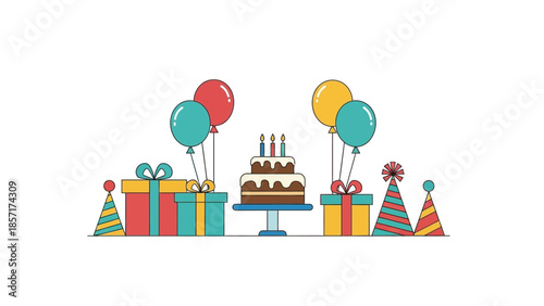 Birthday Party Celebration Elements: Cake, Gifts, Balloons, Party Hats - Flat Design