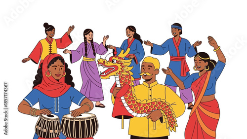 Diverse People Celebrating Culture with Dragon Dance and Music