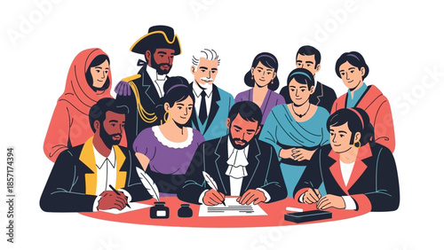 Diverse group of people signing a document, historical meeting, agreement, treaty, illustration