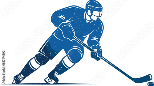 Blue ice hockey player silhouette skating fast with stick and puck in vintage textured grunge style on white.