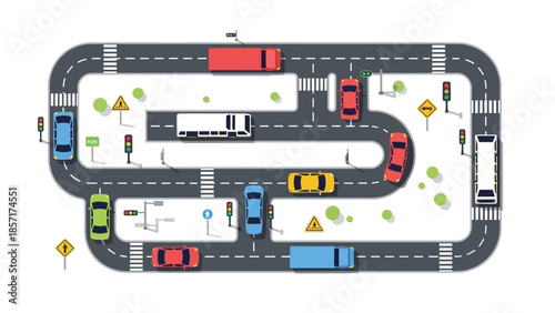 Top View City Traffic Intersection with Cars, Buses, and Traffic Lights