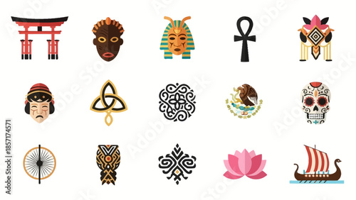 Diverse Cultural Symbols and Icons Collection: Travel, History, and Art