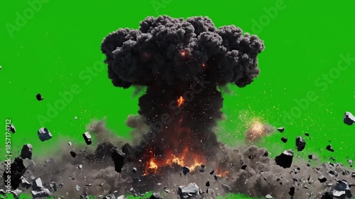 Cinematic Explosion with Debris on Green Screen