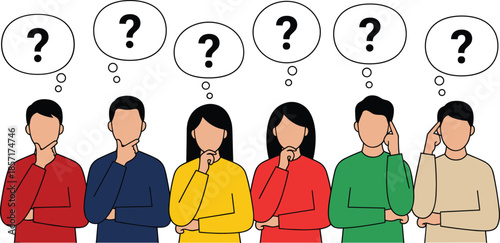 Group of people thinking with question marks, confusion concept illustration, brainstorming idea, decision making process, problem solving teamwork graphic