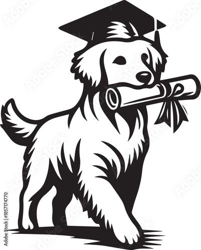 A cute cartoon illustration shows a domestic dog head with a book and a funny cat silhouette in a black vector outline design