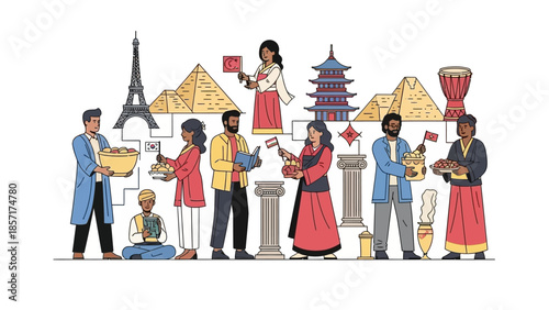 Diverse people and global landmarks representing culture, history, and travel