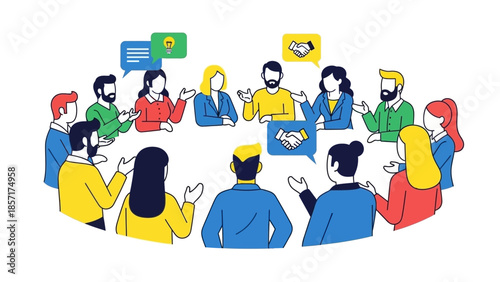 Diverse people meeting around table, brainstorming ideas, teamwork, collaboration illustration