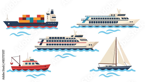 Diverse Nautical Vessels Collection: Cargo Ship, Ferries, Sailboat, Fishing Boat
