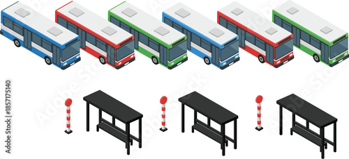 Isometric blue, red and green buses with bus stop elements, modern public transport illustration for urban mobility, transportation design and transit systems