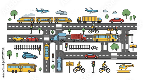 City traffic illustration with cars, buses, train, trucks, airplane, helicopter, bicycle