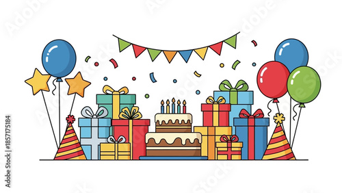 Birthday Party Celebration with Gifts, Cake, Balloons, and Confetti - Vector Art