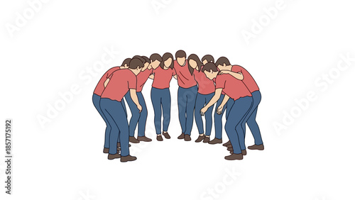Diverse group of people in a circle huddle, teamwork and unity concept, flat design
