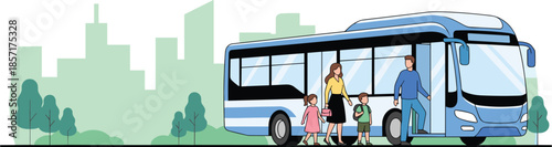 Modern city bus transportation scene with parents, children, urban background, public transit, family travel, safe commuting, community lifestyle illustration