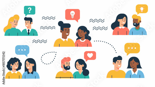 Diverse couples sharing ideas, love, and questions in conversation bubbles