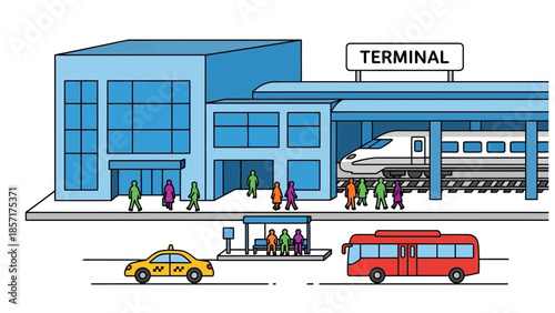 Modern transportation terminal with train, bus, taxi, and people. 