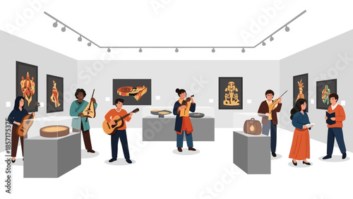 People Enjoying Cultural Exhibition with Musical Instruments and Artworks
