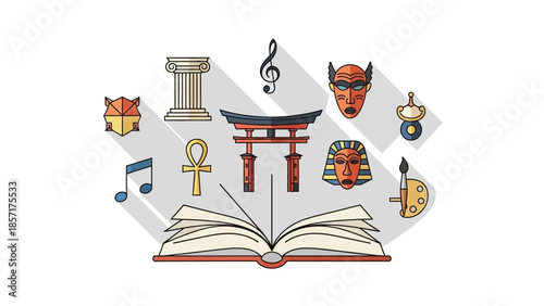Culture and Arts Symbols Collage Around Open Book, Education Concept