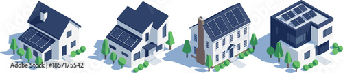 Modern residential houses with solar panels, renewable energy illustration, eco friendly sustainable homes, clean power generation, green technology concept design