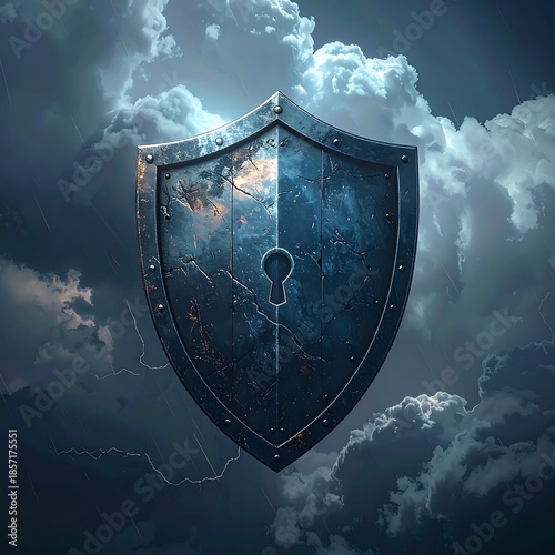 Metallic shield with keyhole set against a dramatic, stormy sky