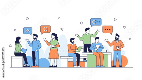 Diverse group of people in discussion, representing teamwork and communication, flat design