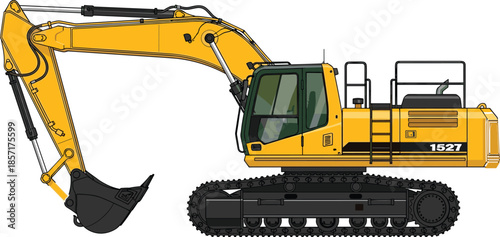 Modern yellow excavator machine, heavy construction equipment, industrial earth-moving vehicle, tracked digger illustration, engineering machinery design for building and excavation projects