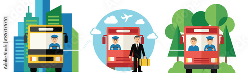Public transport buses with drivers and passengers in city, airport and nature scenes, modern transportation illustration for travel, service and commuting concepts