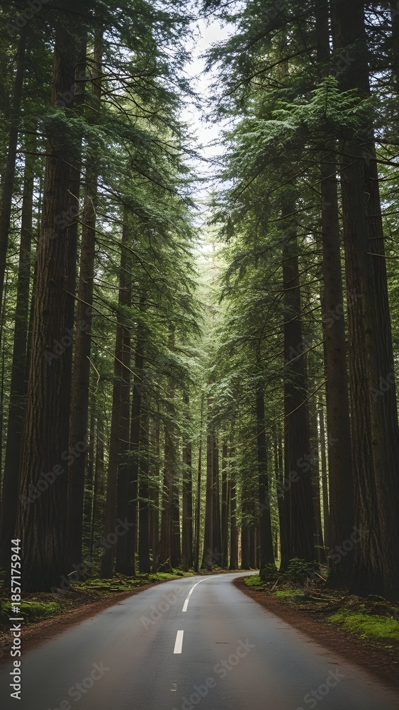 Fototapeta premium Scenic Forest Road Lined with Tall Evergreen Trees.