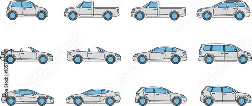 Set of various car types including hatchback, pickup truck, convertible, sedan, coupe, and SUV illustrated in clean modern vector style