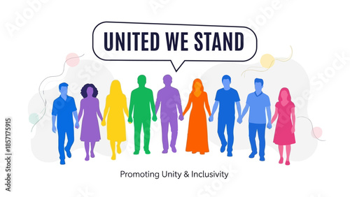 Diverse people holding hands, promoting unity and inclusivity, rainbow colors, text