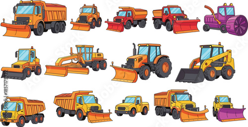 Set of winter snowplow trucks, bulldozers, graders and heavy machinery used for snow removal, road clearing, construction and transportation illustration collection