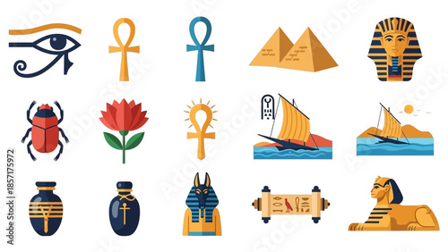 Ancient Egypt Symbols Collection: Pyramids, Sphinx, Ankh, Eye of Horus, Scarab
