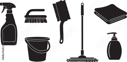 Collection of cleaning supplies and tools