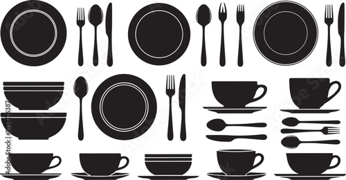 Collection of modern dinnerware and utensils silhouettes