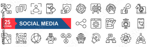 Social Media Web Icon Set in Line style. vector illustration concept for social, network, digital, like, content, design, save, post, share, censoring, news, comment, communication