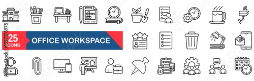 Office workspace set of web icons in line style. vector illustration concept for computer, work, laptop, desk, workplace, business, table, schedule, meeting, chair