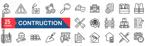 Construction set of web icons in line style. vector illustration concept for industry, helmet, wheelbarrow, symbol, house, road, engineer, tool, drill, work, pictogram, home