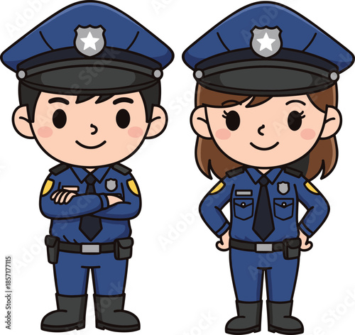 Cartoon police officers illustration, male and female characters in uniform, friendly law enforcement vector art, security patrol concept, professional police team artwork